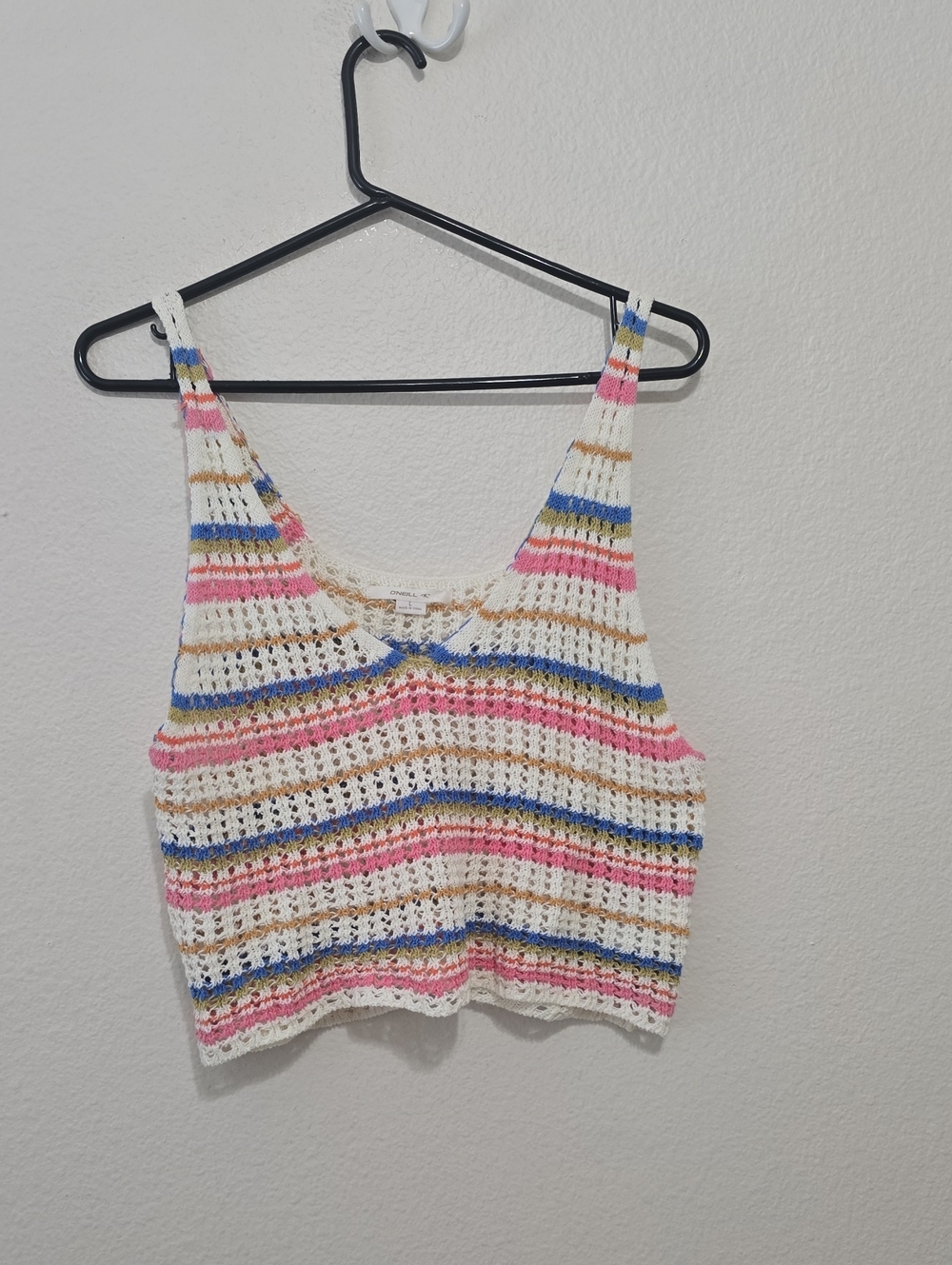 O'Neill Crochet Stripe Tank Top in White, Pink, Blue & Tan L